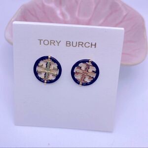 NWOT Tory Burch Gold DoubLe T With Black Enamel Trim Round Stud Earrings